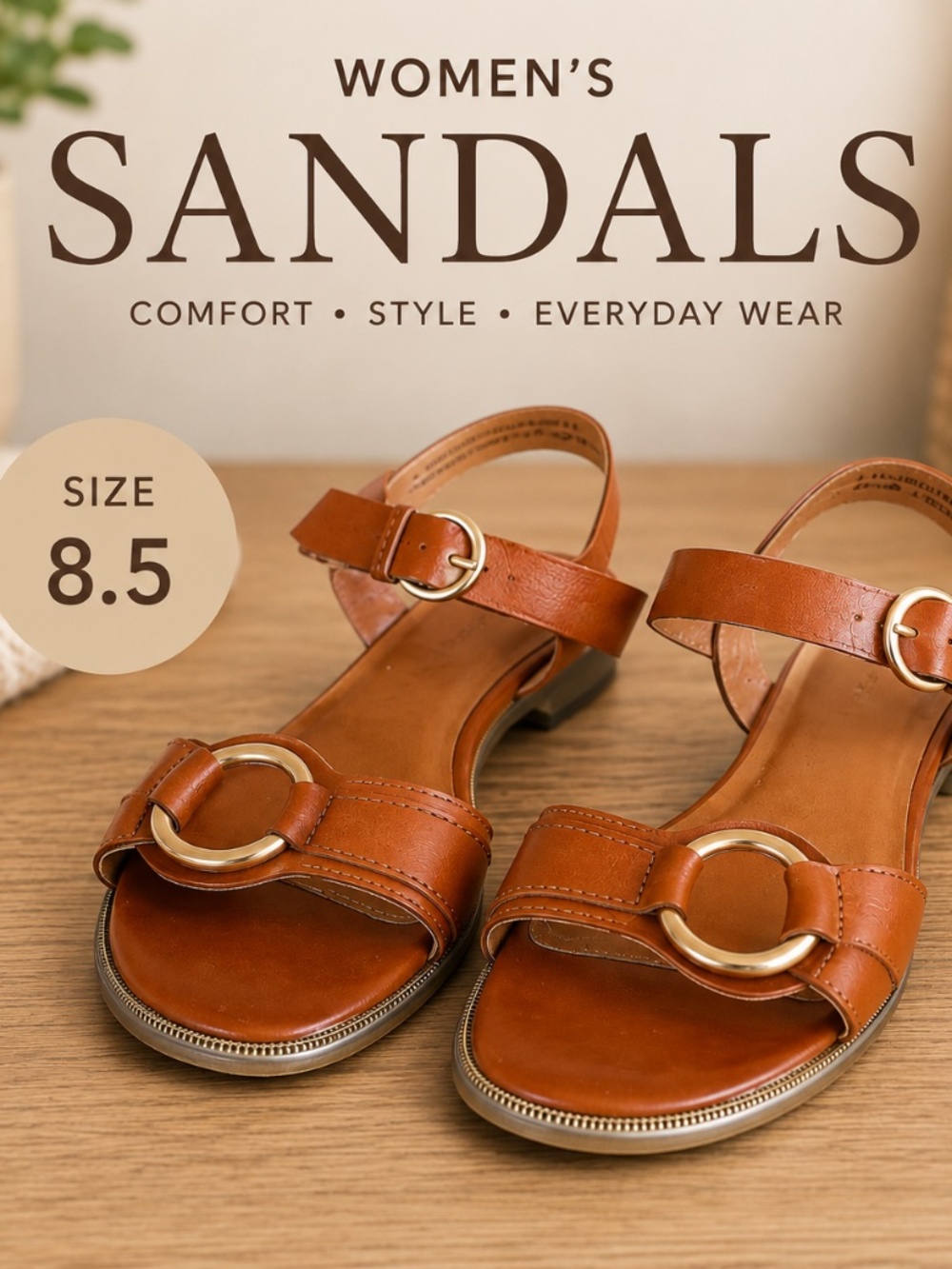Women’s Tan Brown Sandals Size 8.5 Gold Ring Ankle Strap